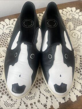 Marc Jacobs Black and White Leather Slip-On Loafers with Dog Motif
